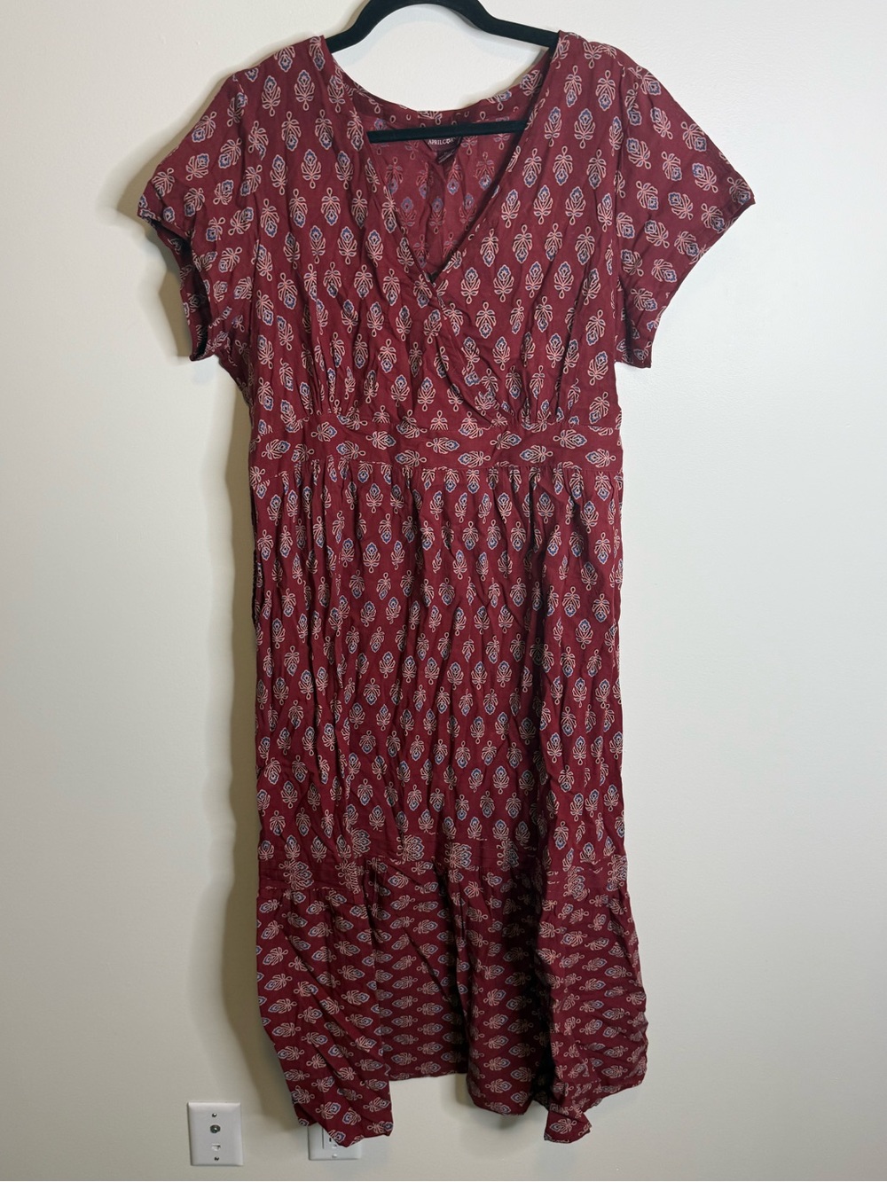 April Cornell Maroon Printed V-Neck Maxi Dress size XL